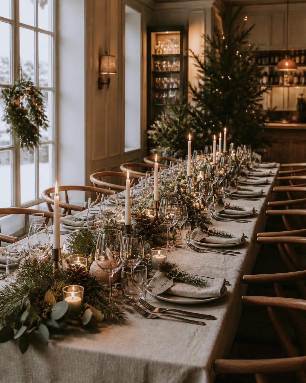 Festligt dækket langbord til julefrokost i en skandinavisk restaurant