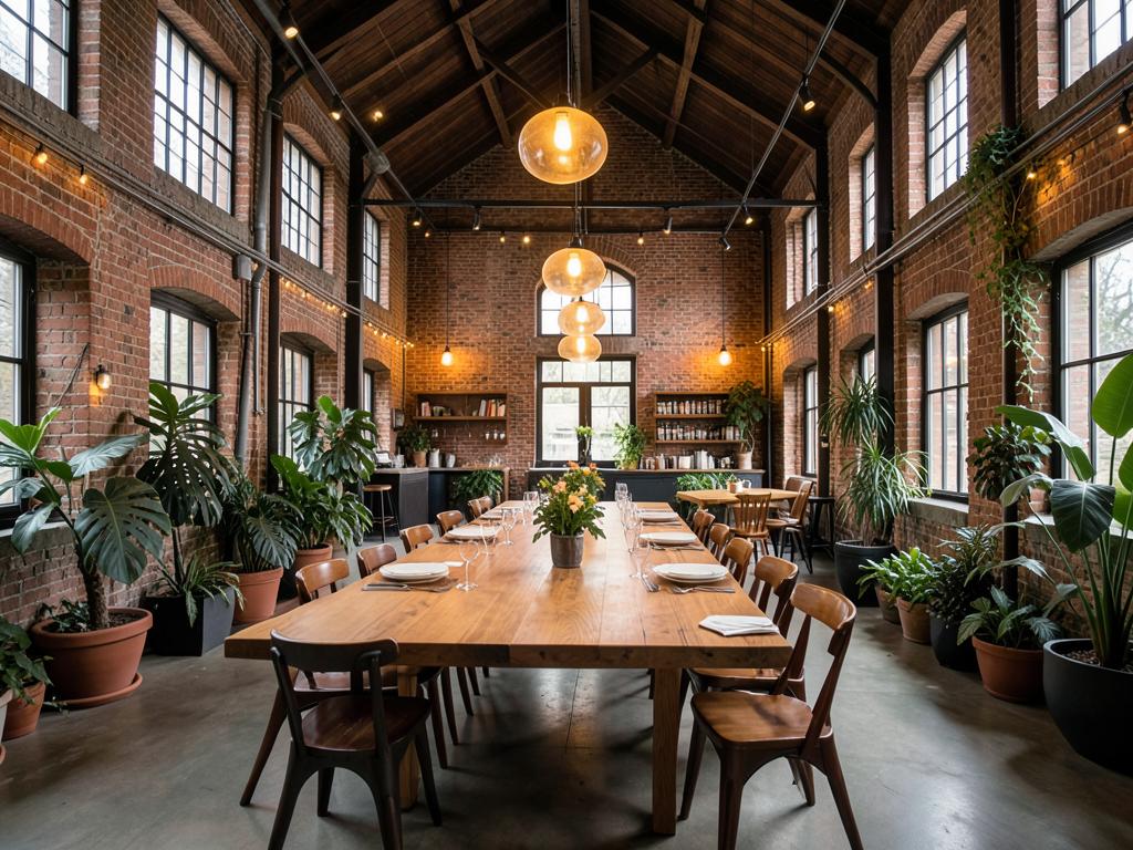 Anderledes eventvenue med langbord i industrielle rammer