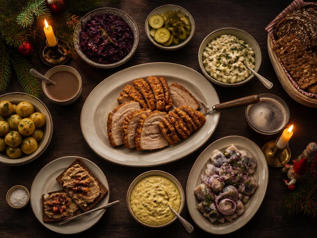 Traditionel dansk julefrokost anrettet på et mørkt træbord